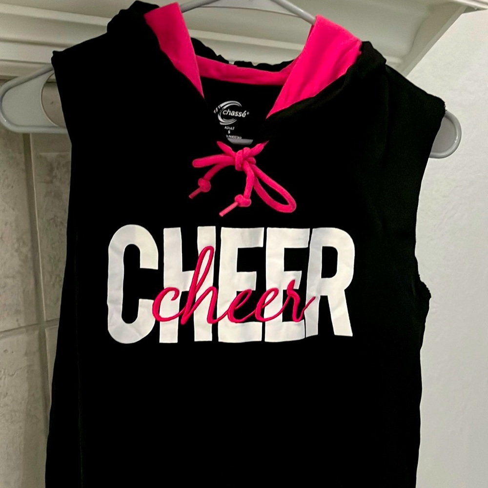 NWT Adult Small Cheer Crop Top Hoodie Tank Black Hot Pink & White